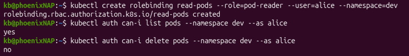 kubectl rolebinding test terminal output