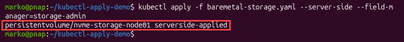 Executing kubectl apply with the server side flag.