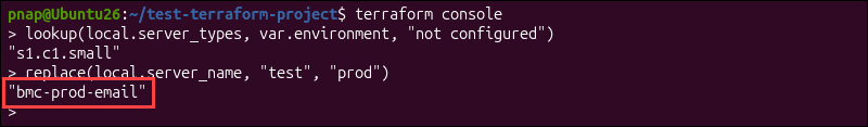 The Terraform replace function in the console.