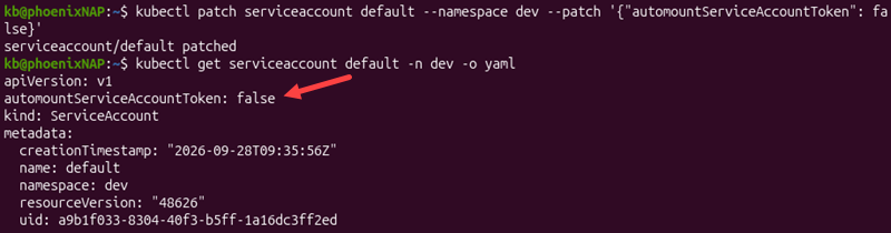 serviceaccount automount false patch terminal output