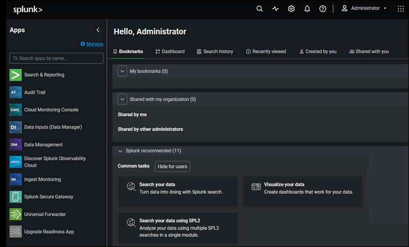 Splunk audit logging platform dashboard.