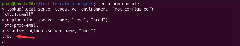 The Terraform startswith function in the console.