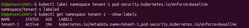 tenant pod security enforced baseline terminal output